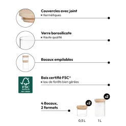 4 bocaux verre empilables couvercle bois