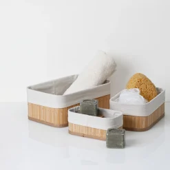 3 paniers bambou, tissu blanc