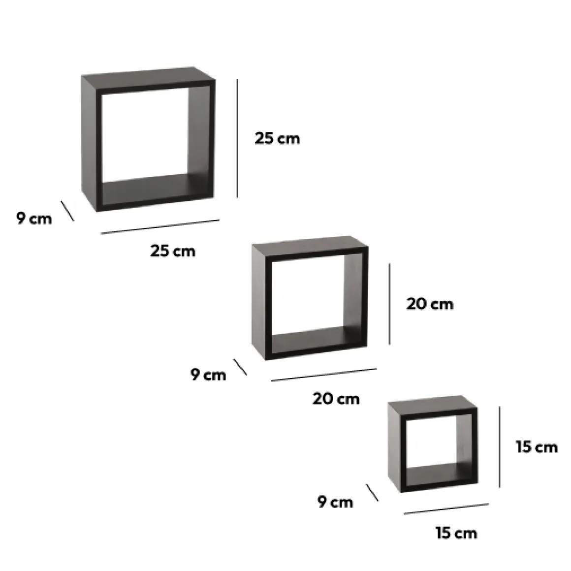 3 petites étagères murales cube, Noir