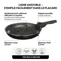 2 poêles Aluminium poignée amovible, 24/28 cm
