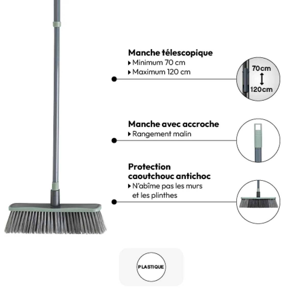 Balai antichoc téléscopique, H. 130 cm