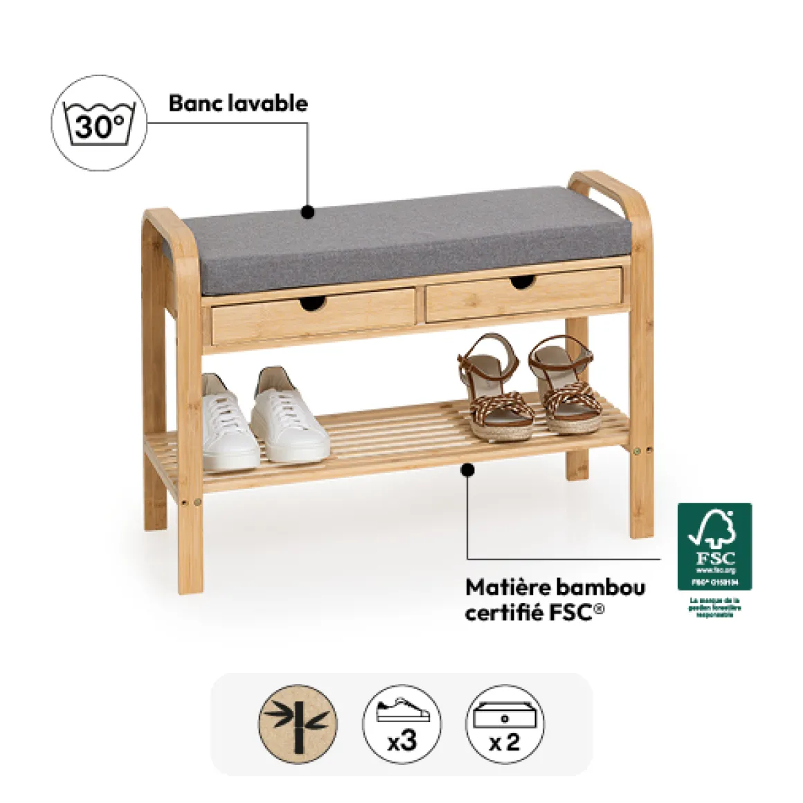 Banc range-chaussures avec tiroirs, Bambou