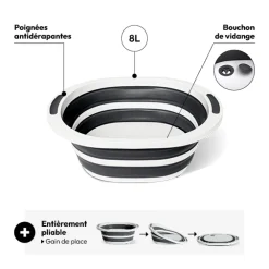 Bassine rétractable avec bouchon 8L, Gris et blanc
