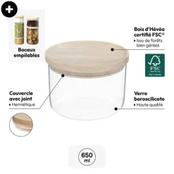 Bocal verre avec couvercle hermétique hévéa, 0,65L