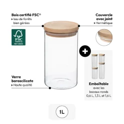 Bocal verre couvercle bois 1L