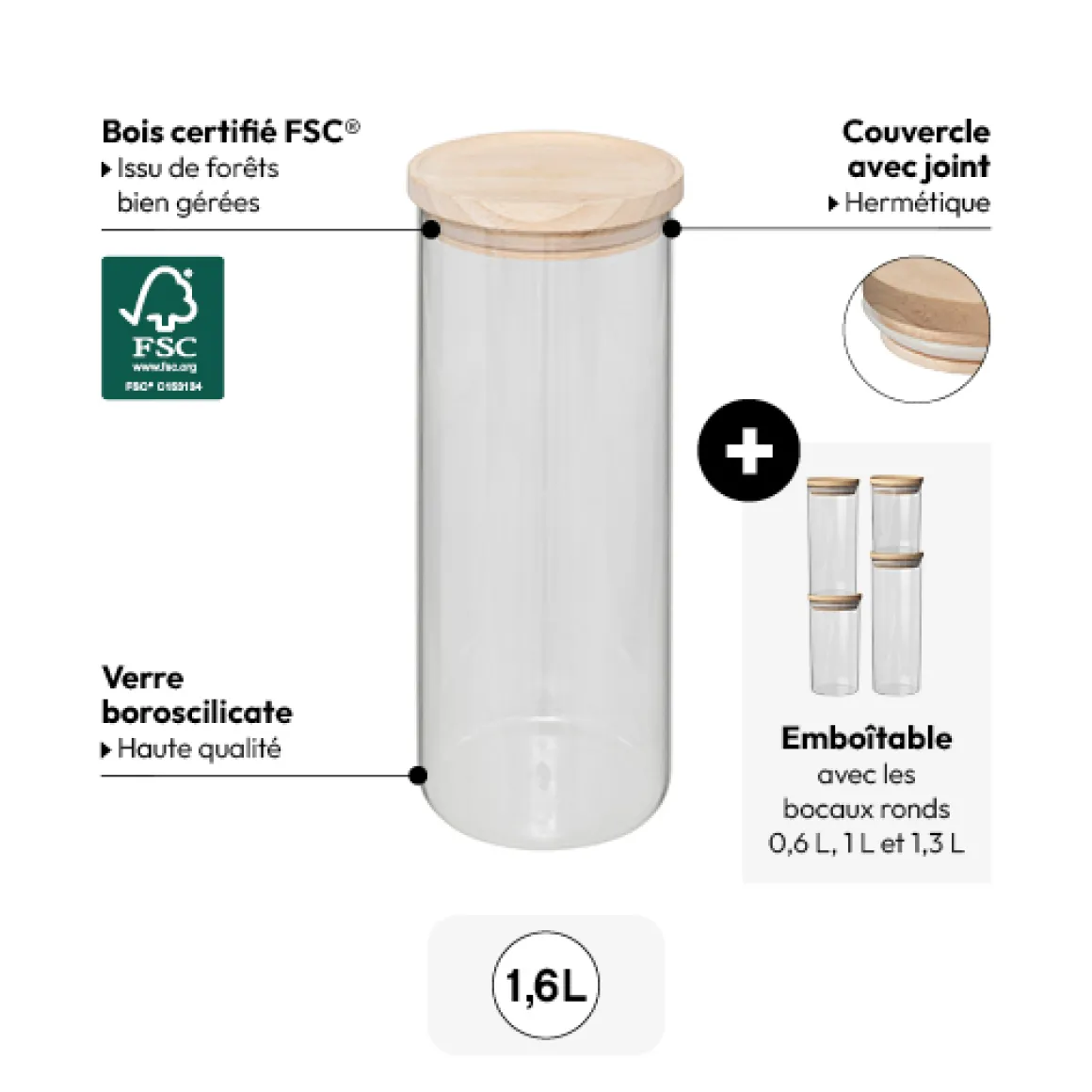 Bocal verre couvercle bois 1,6L