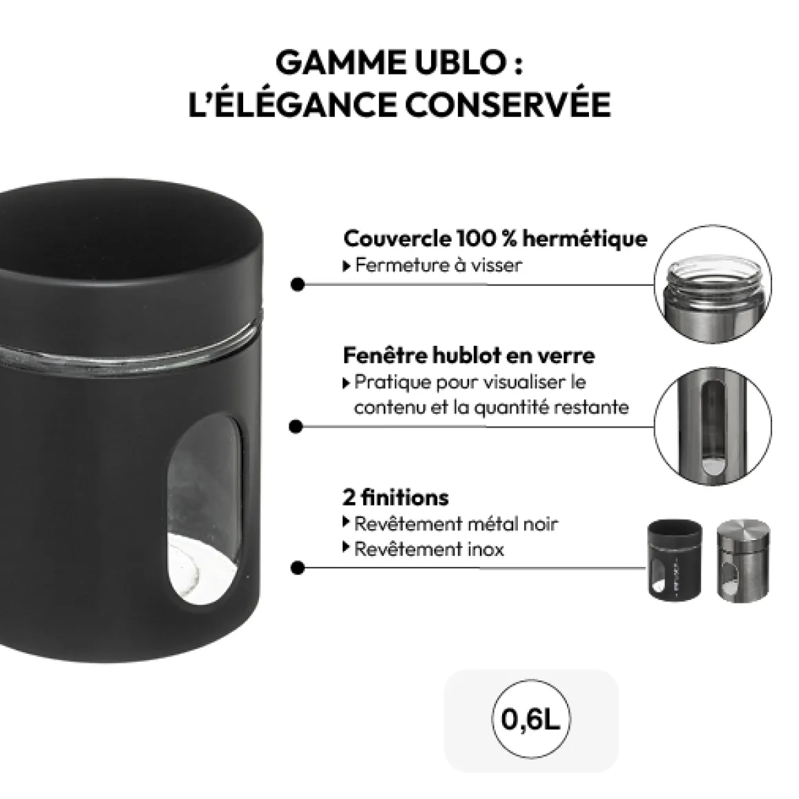 Bocal verre et métal 0,6L, Noir