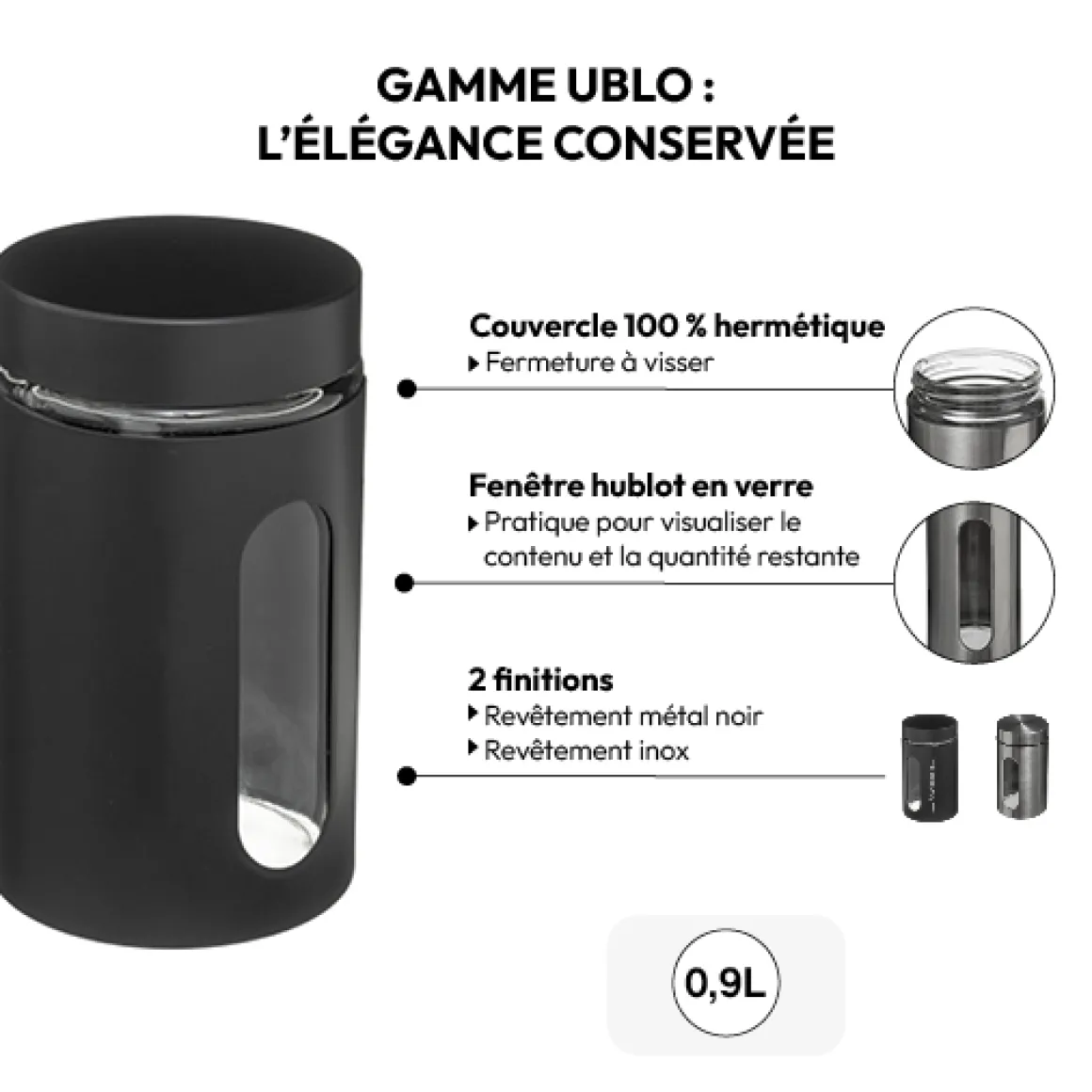 Bocal verre et métal 0,9L, Noir