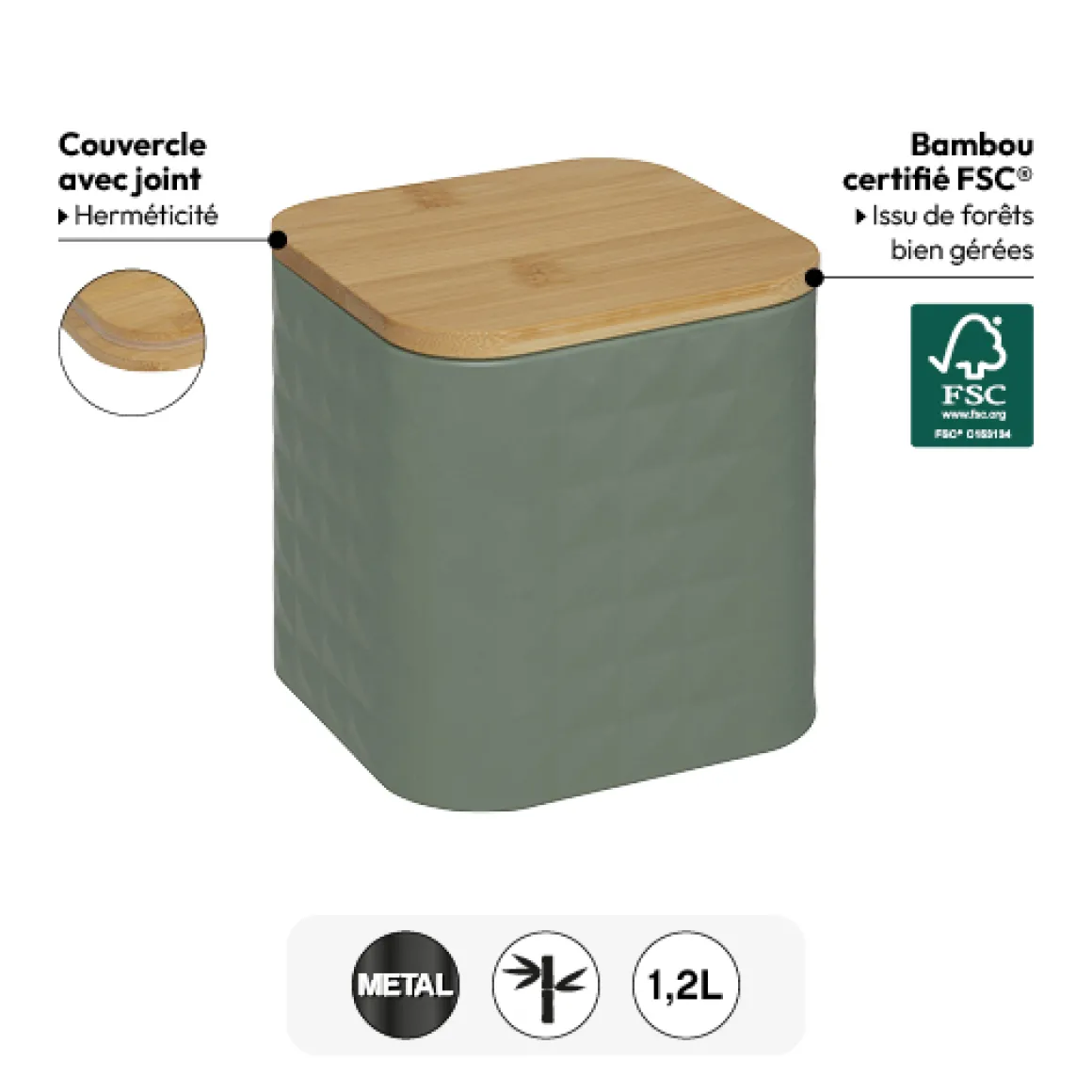 Boite de conservation métal couvercle bambou, 1,2L