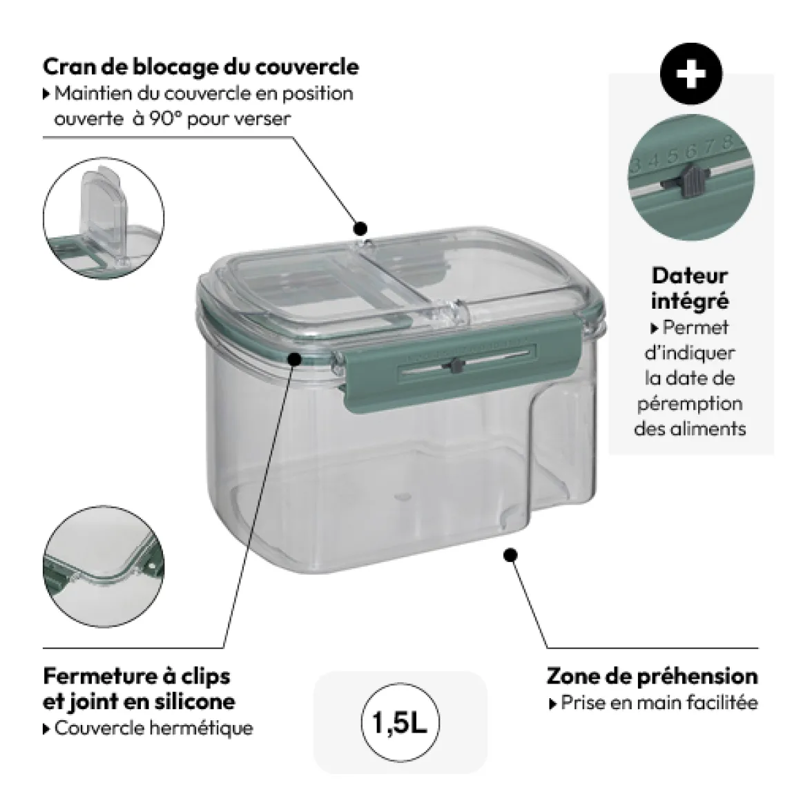 Boîte de conservation hermétique avec bec verseur 1,5L