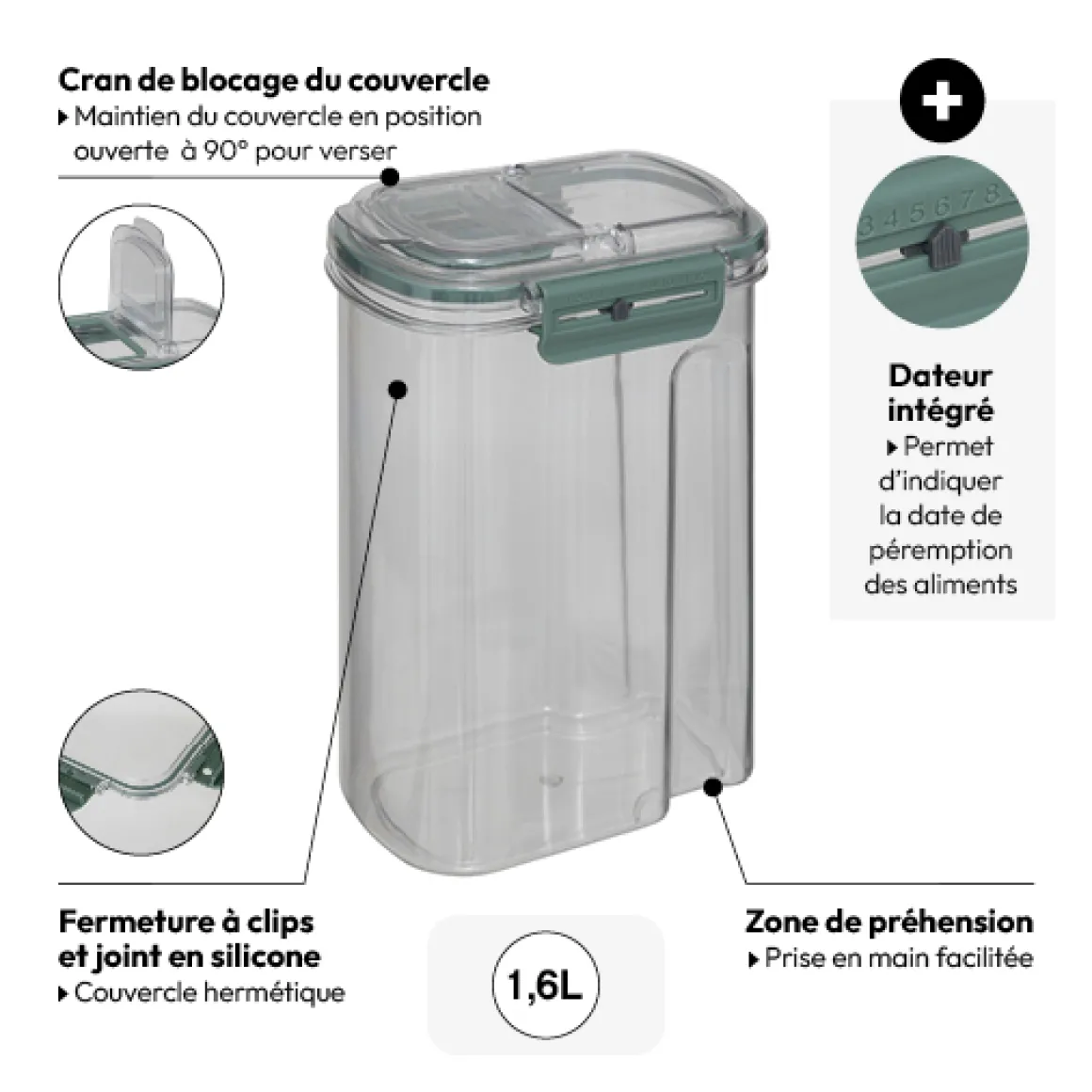 Boîte de conservation hermétique avec bec verseur 1,6L