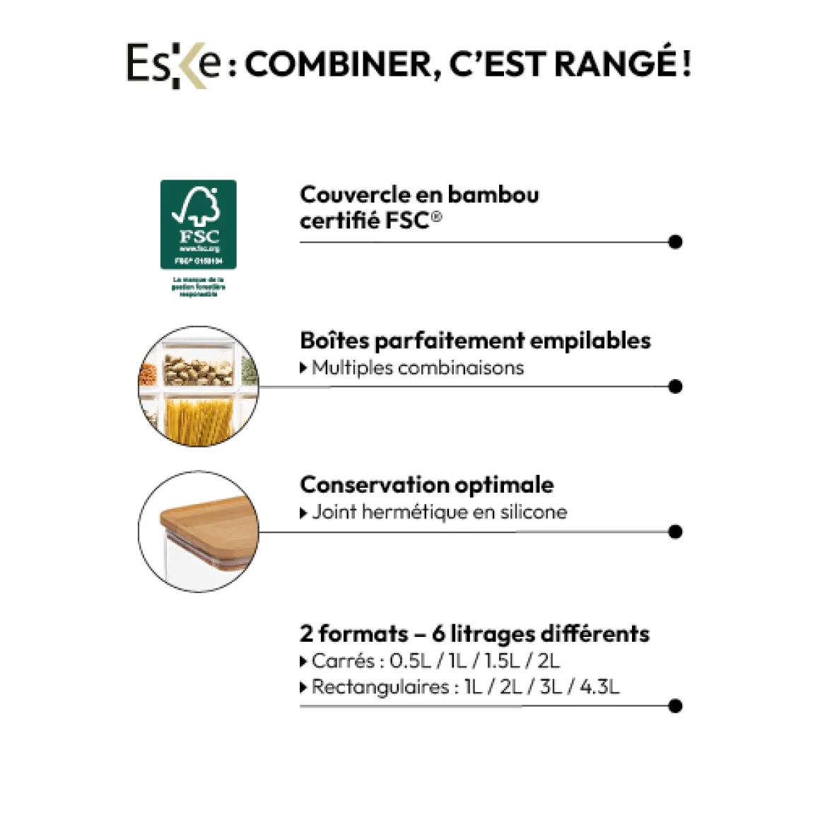 Boîte de conservation rect couvercle bambou, 1L