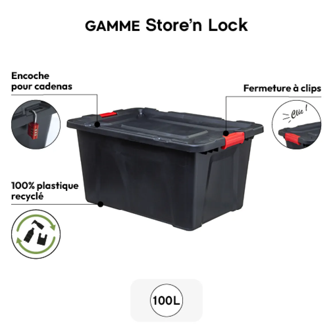 Boîte en plastique 100L, Noir