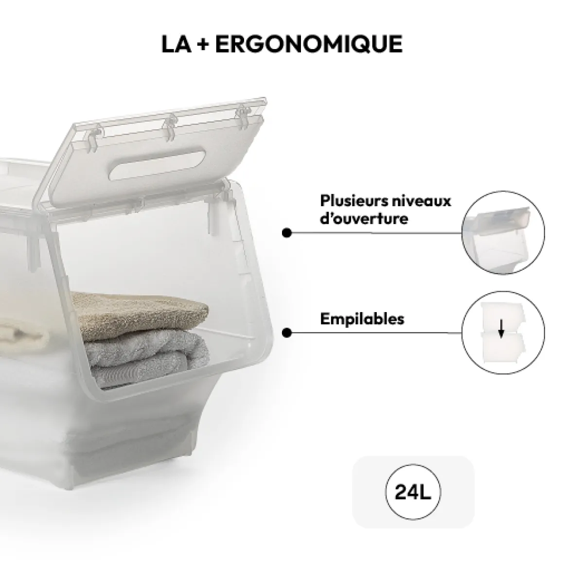 Boîte en plastique transparente à ouverture frontale 24L