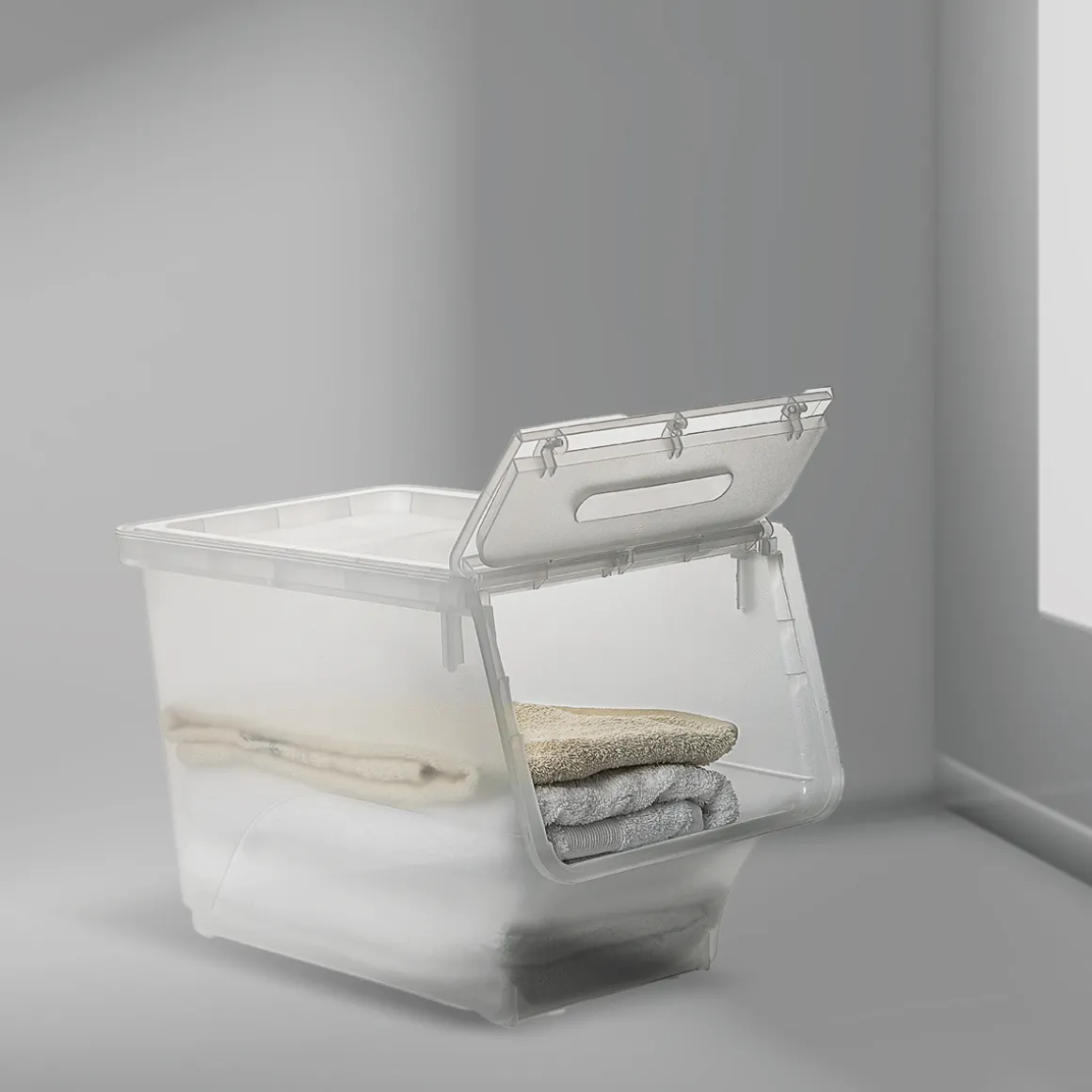 Boîte en plastique transparente à ouverture frontale 34L