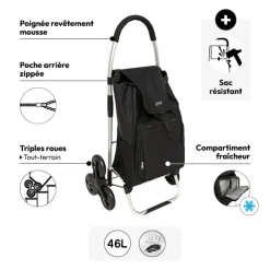 Chariot de course pliable  6 roue 36L, Noir