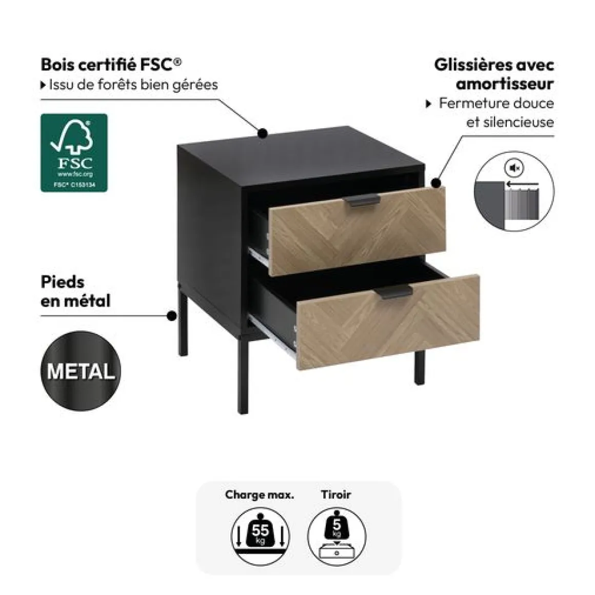 Chevet 2 tiroirs, Effet pin naturel et noir