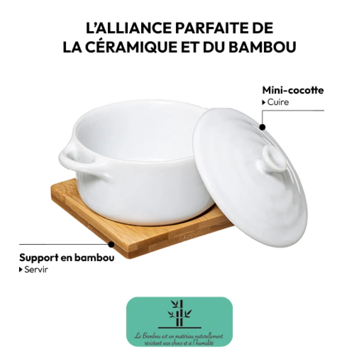 Cocotte céramique 10 cm, Bambou et Blanc