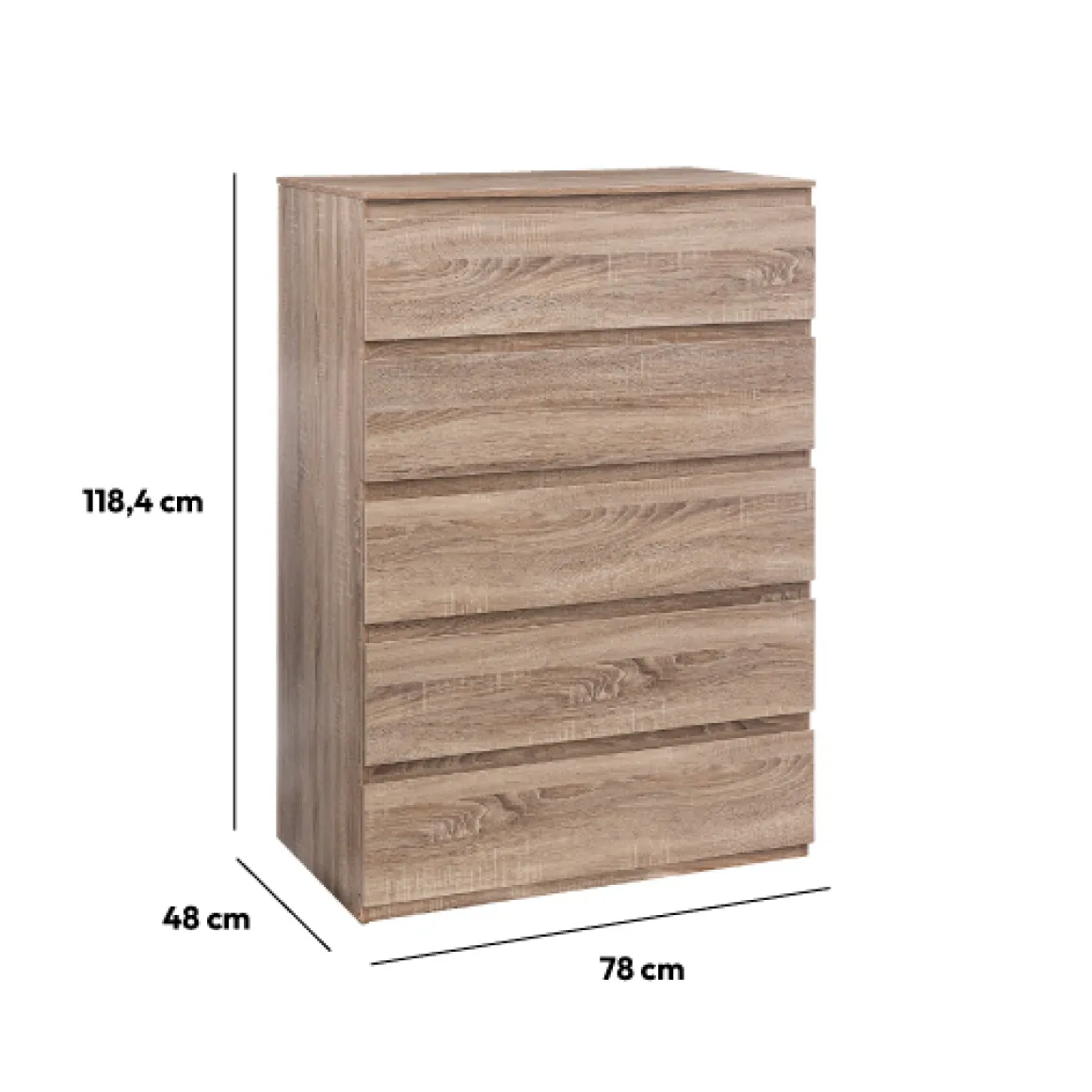 Commode 5 tiroirs, Effet bois naturel