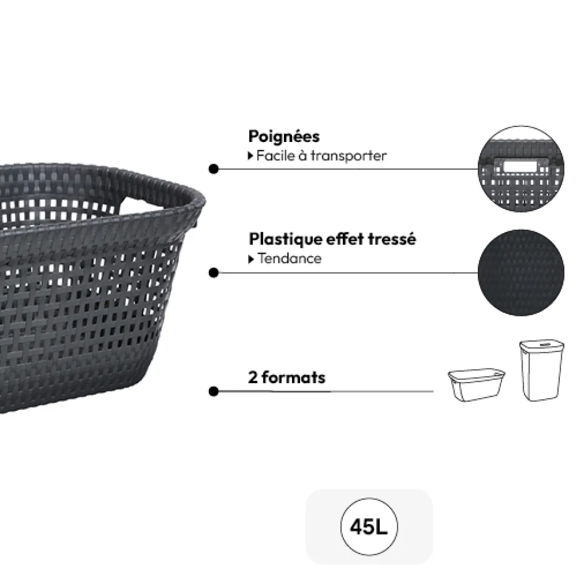 Corbeille à linge 45L, Gris