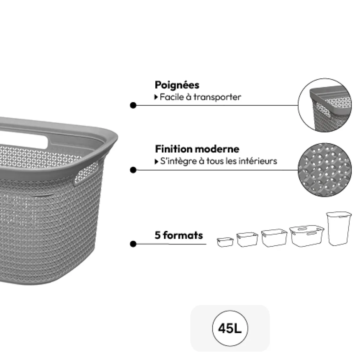 Corbeille à linge 45L, Gris
