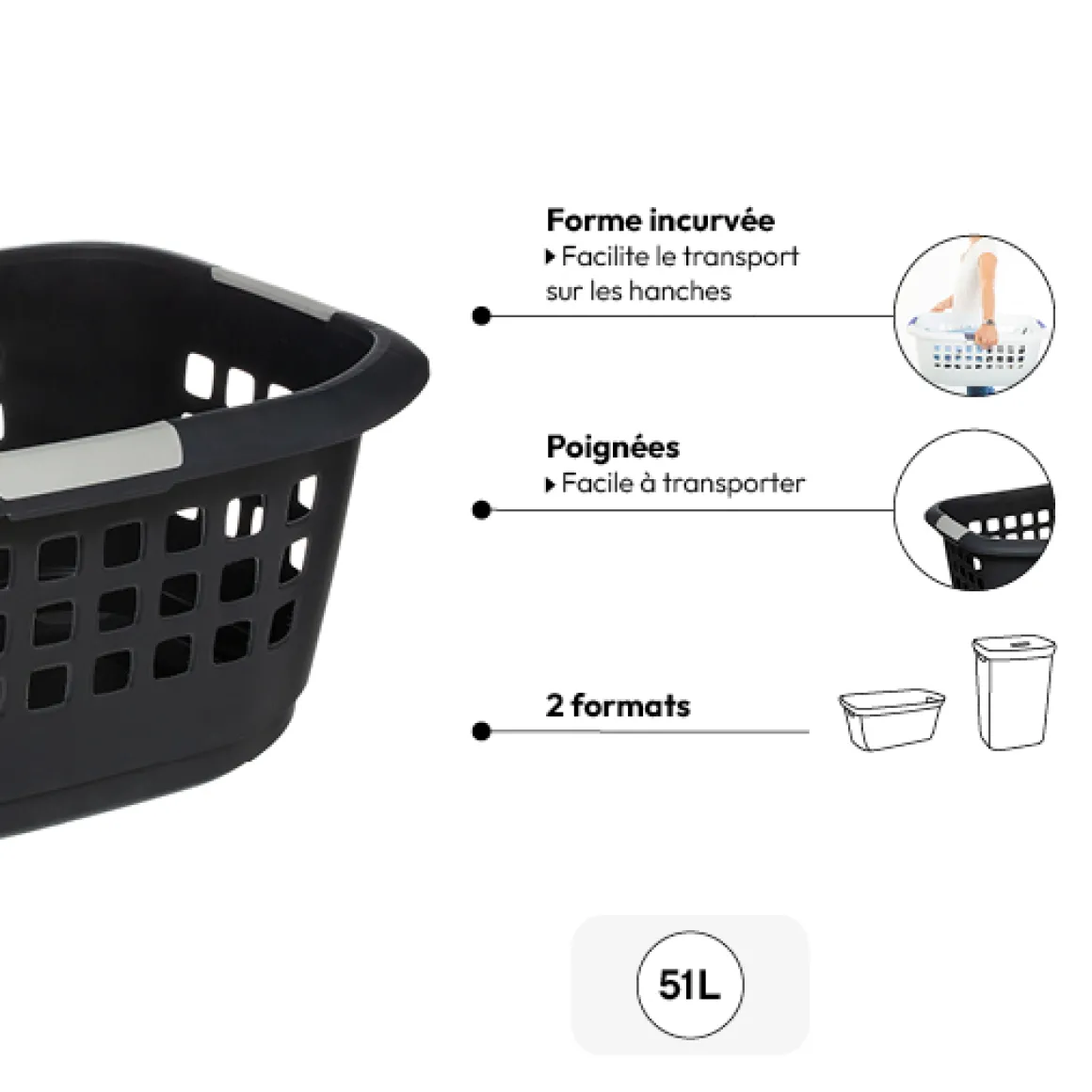 Corbeille à linge 51L, Gris