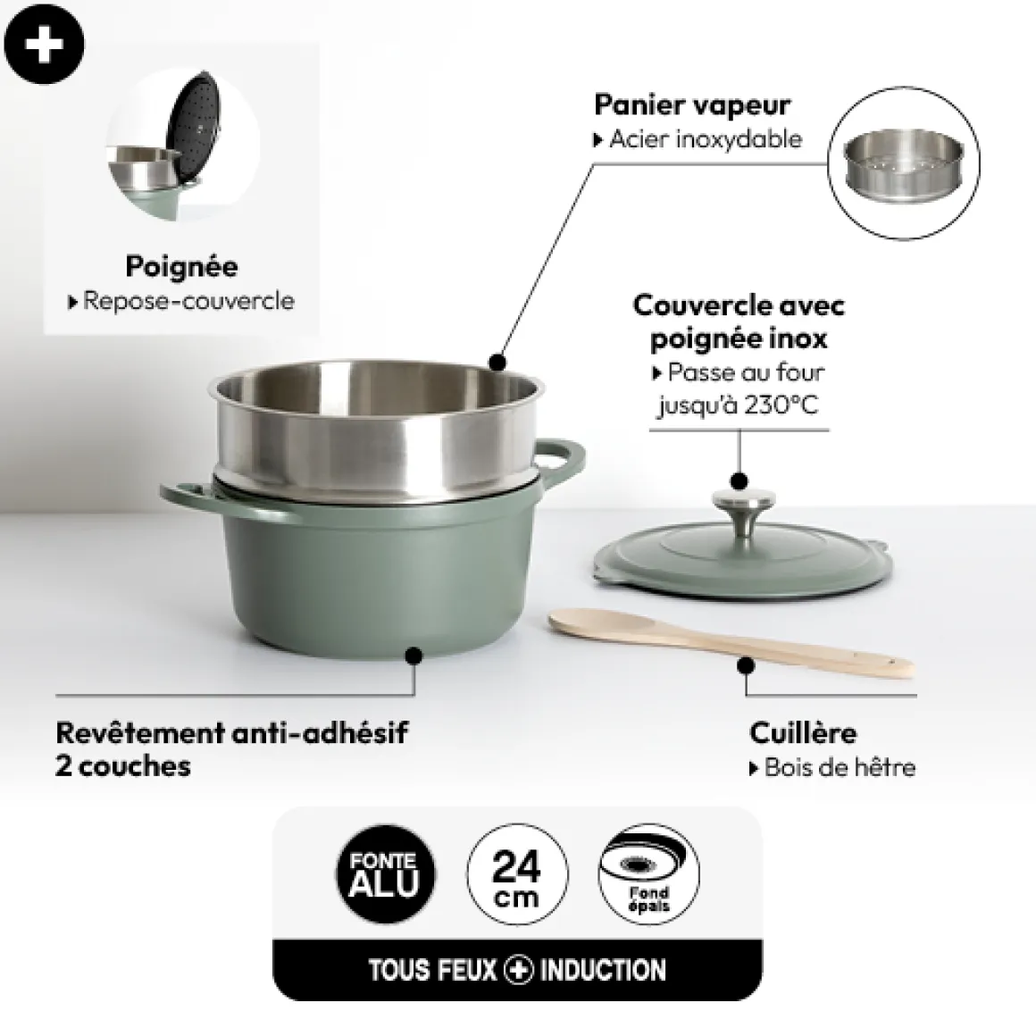 Cuiseur vapeur fonte d'aluminium vert, 24cm