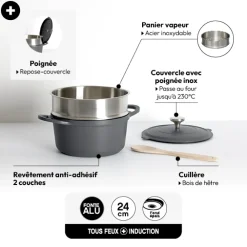 Cuiseur vapeur fonte d'aluminium gris, 24cm