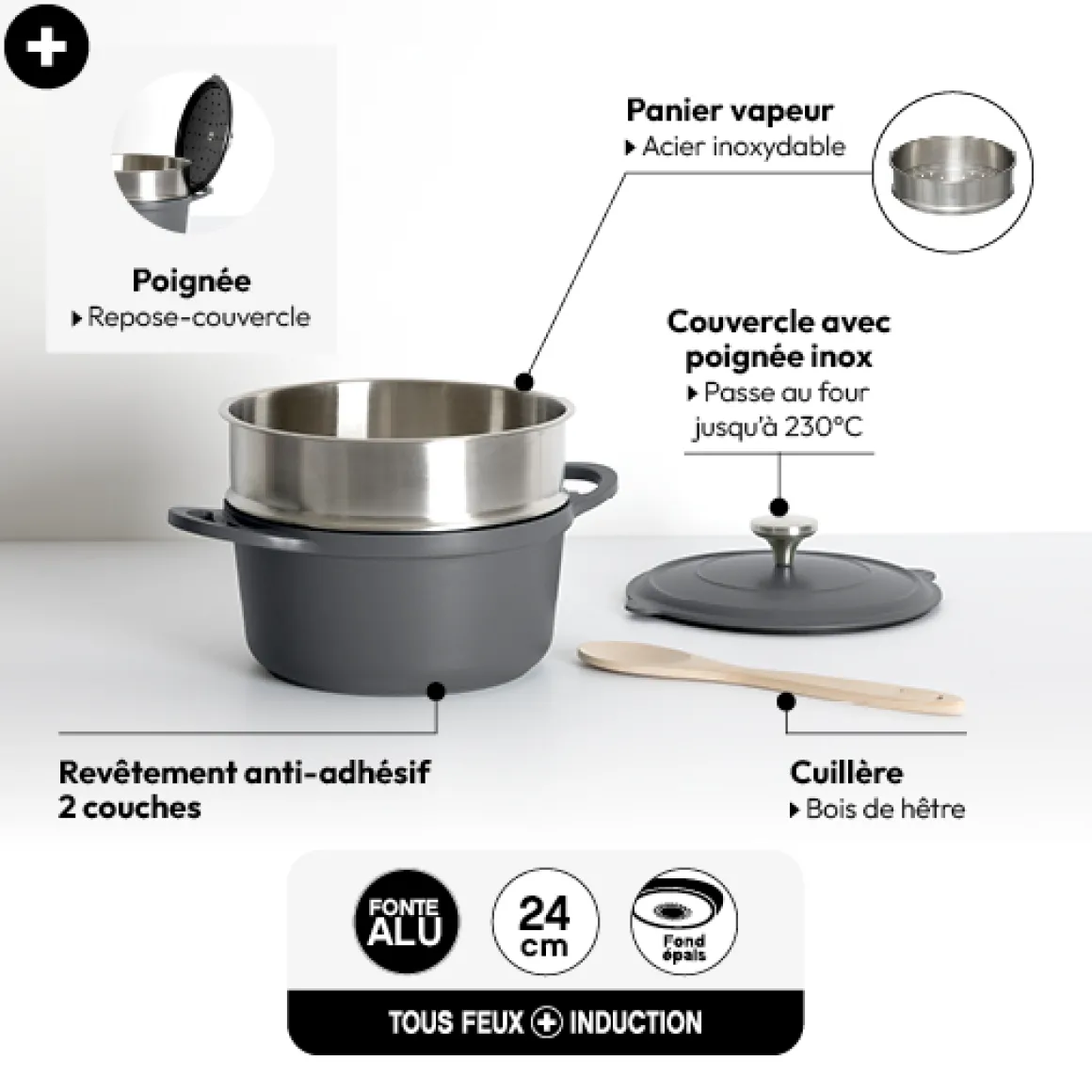 Cuiseur vapeur fonte d'aluminium gris, 24cm