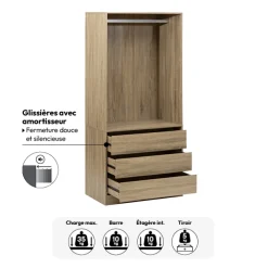 Dressing 3 tiroirs avec penderie, Effet bois