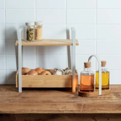 Etagère 2 niveaux avec bac de rangement, Bambou