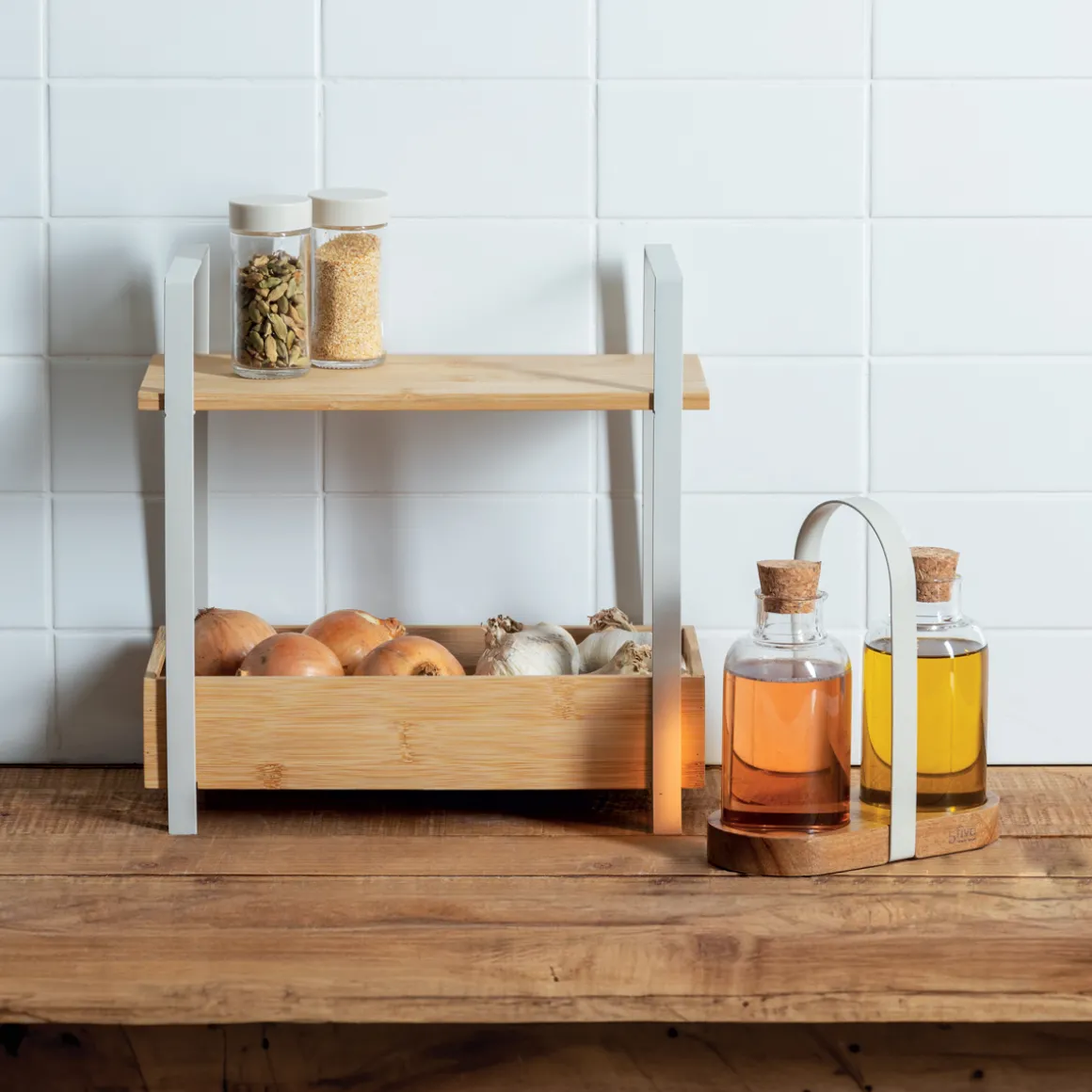 Etagère 2 niveaux avec bac de rangement, Bambou