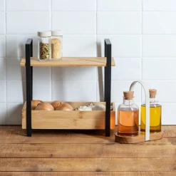 Etagère 2 niveaux avec bac de rangement, Bambou
