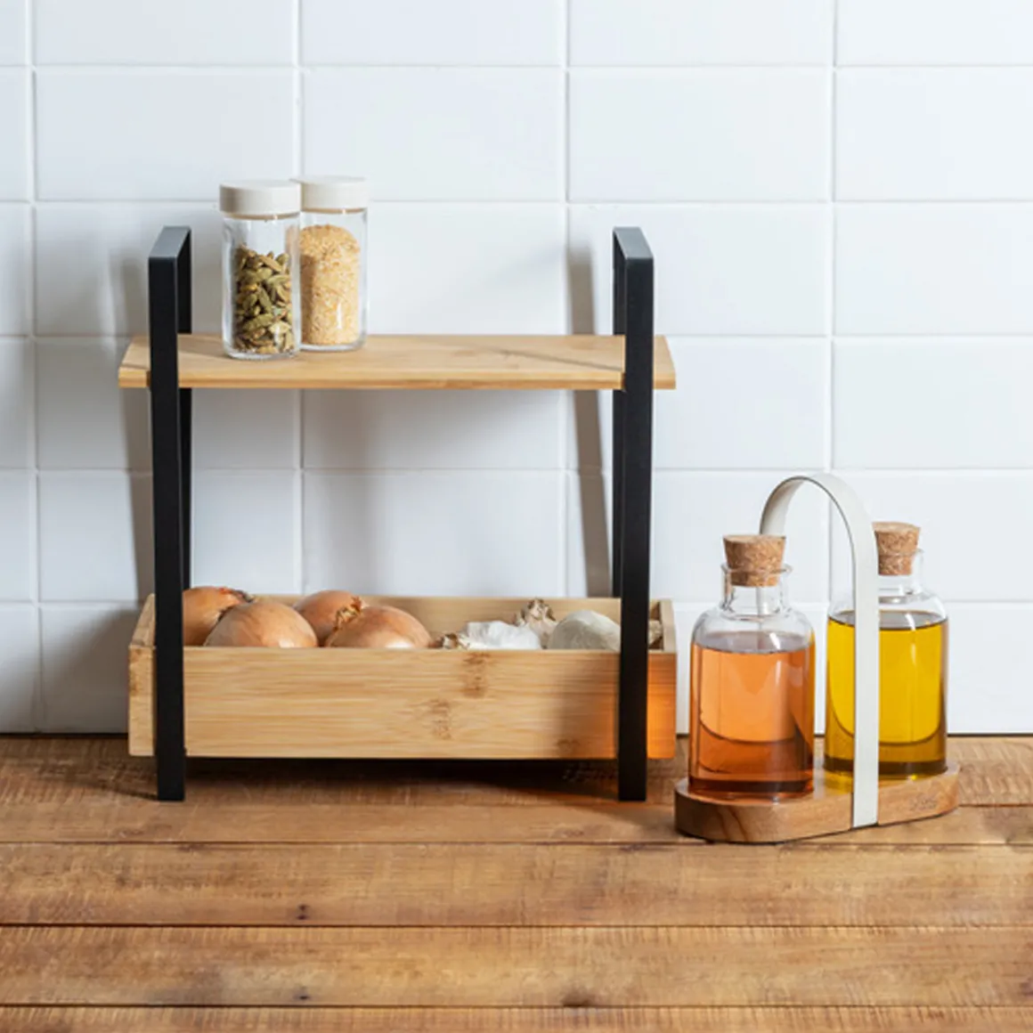 Etagère 2 niveaux avec bac de rangement, Bambou