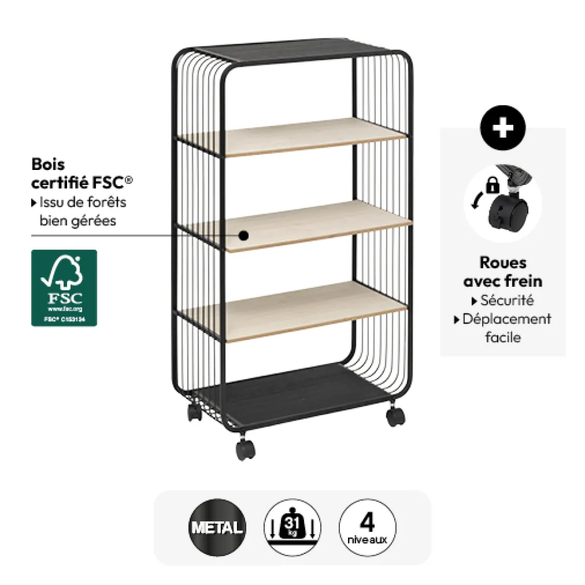 Etagère 4 niveaux, métal et bois, Noir