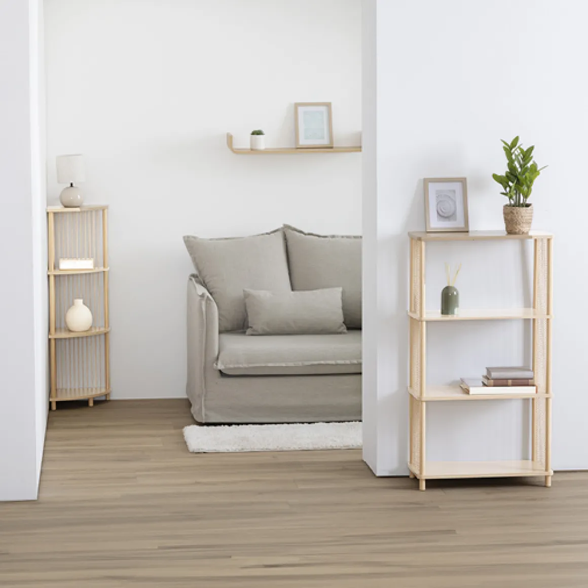 Etagère d'angle 4 niveaux, Effet bois clair