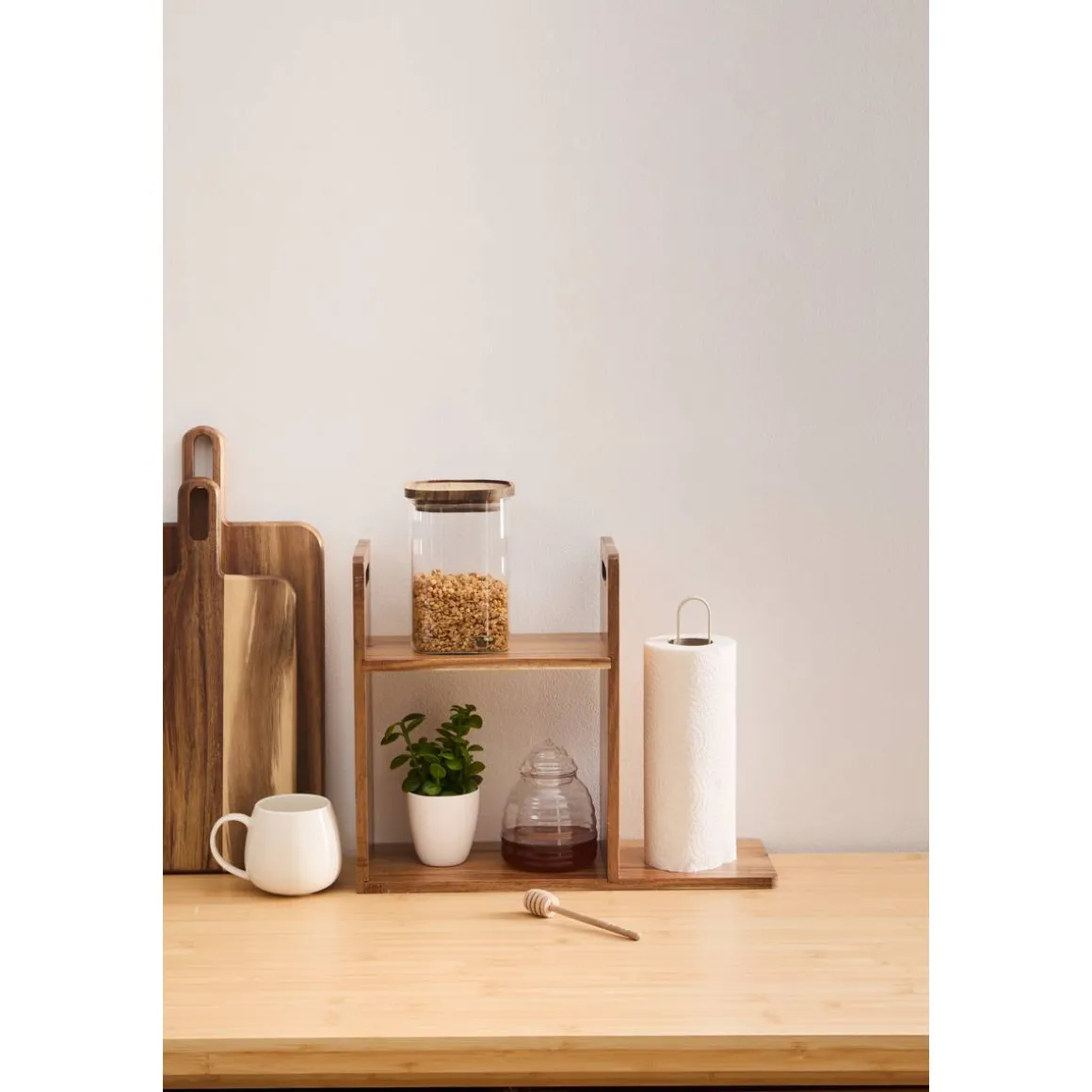 Etagère et porte-rouleau, 2 niveaux, marron