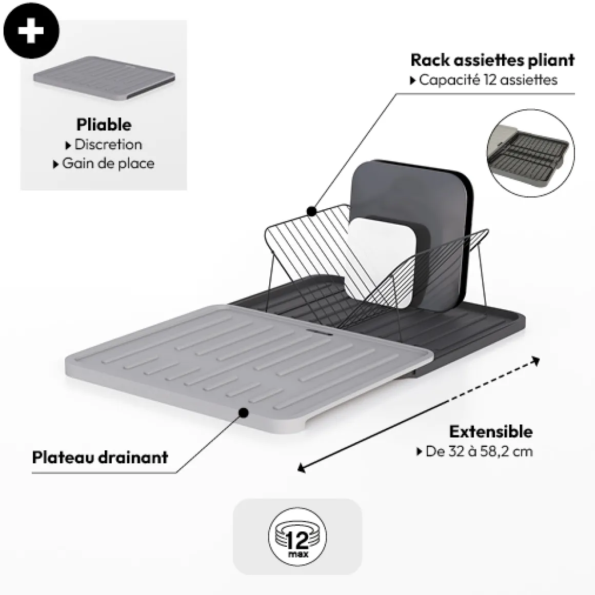 Égouttoir avec rack extensible, Gris