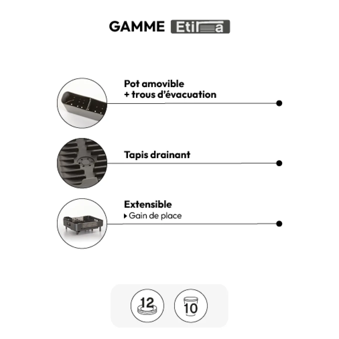 Égouttoir extensible 12 assiettes, Gris