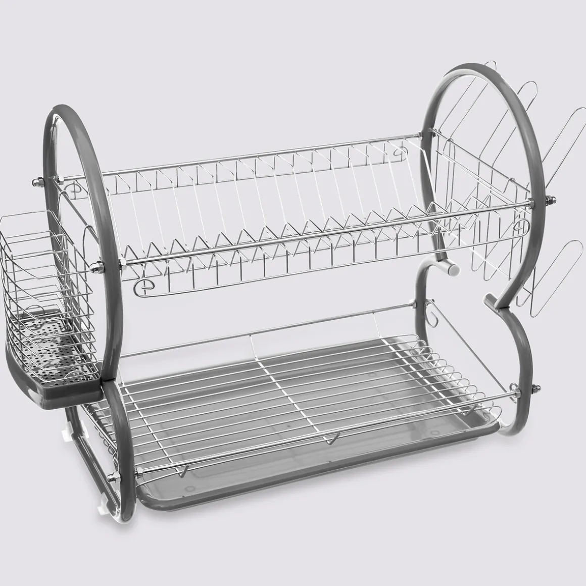 Égouttoir métal 2 niveaux avec plateau, Gris