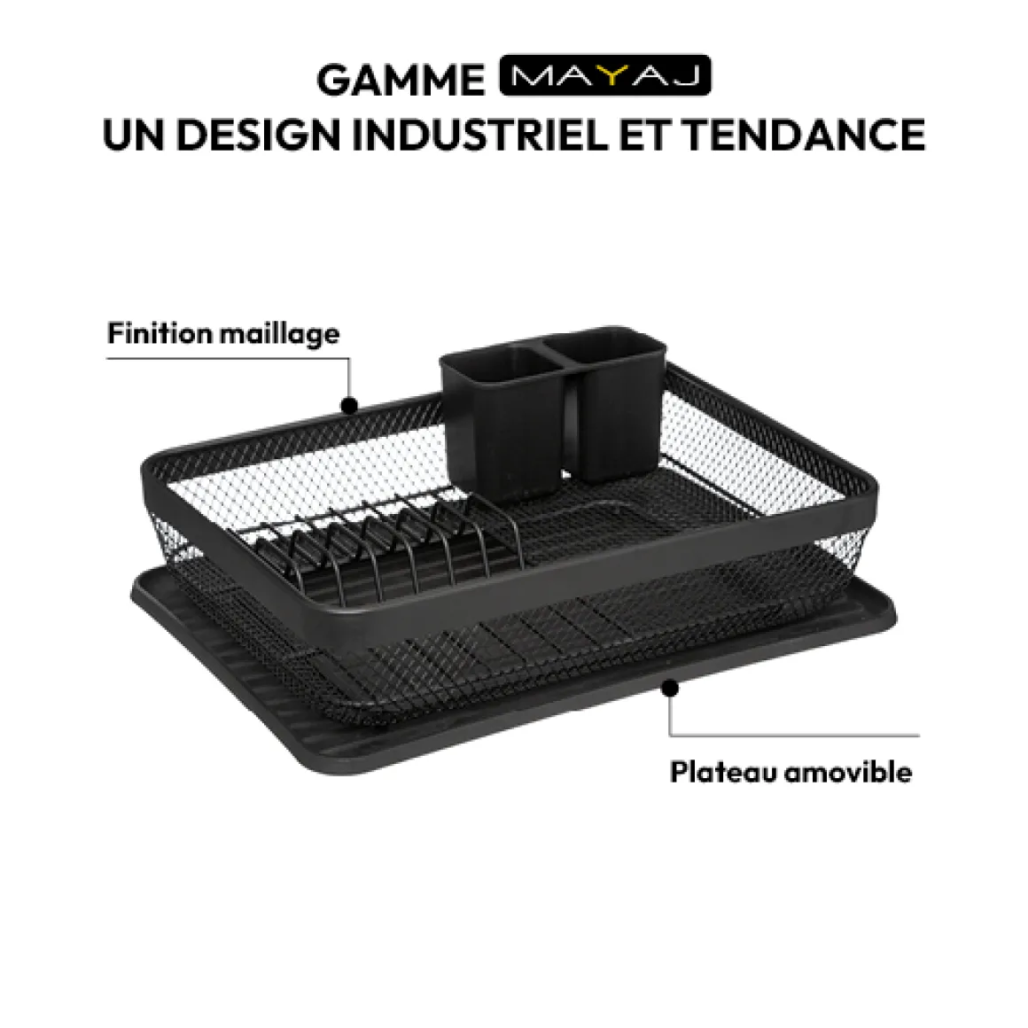 Égouttoir métal avec plateau, Noir