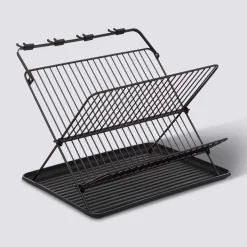 Égouttoir pliant 2 niveaux avec plateau, Noir