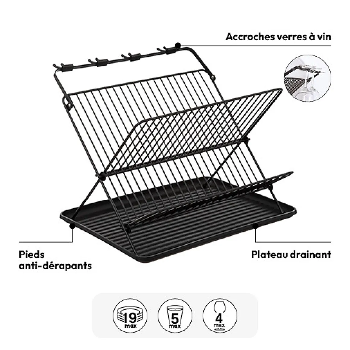Égouttoir pliant 2 niveaux avec plateau, Noir