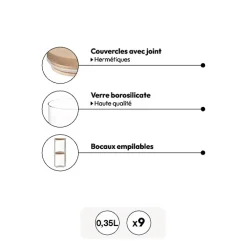 Lot de 9 bocaux de conservation hermétiques en verre 350ml