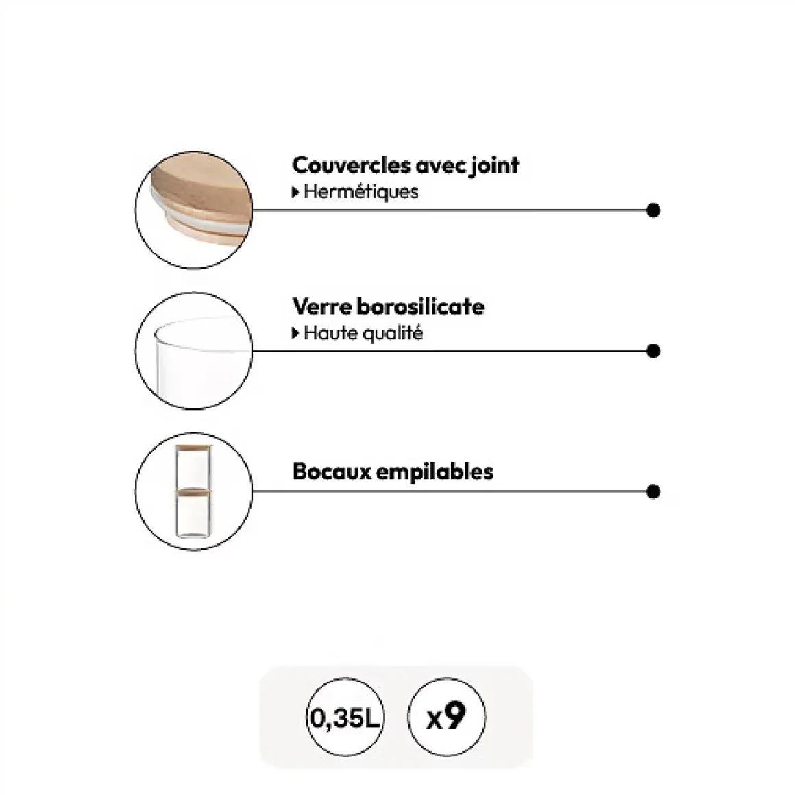 Lot de 9 bocaux de conservation hermétiques en verre 350ml