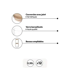 Lot de 12 bocaux de conservation hermétiques en verre 350ml