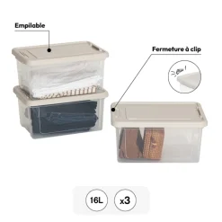 Lot de 3 boîtes de rangement 16L