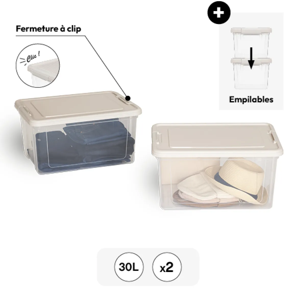 Lot de 2 boîtes de rangement 30L