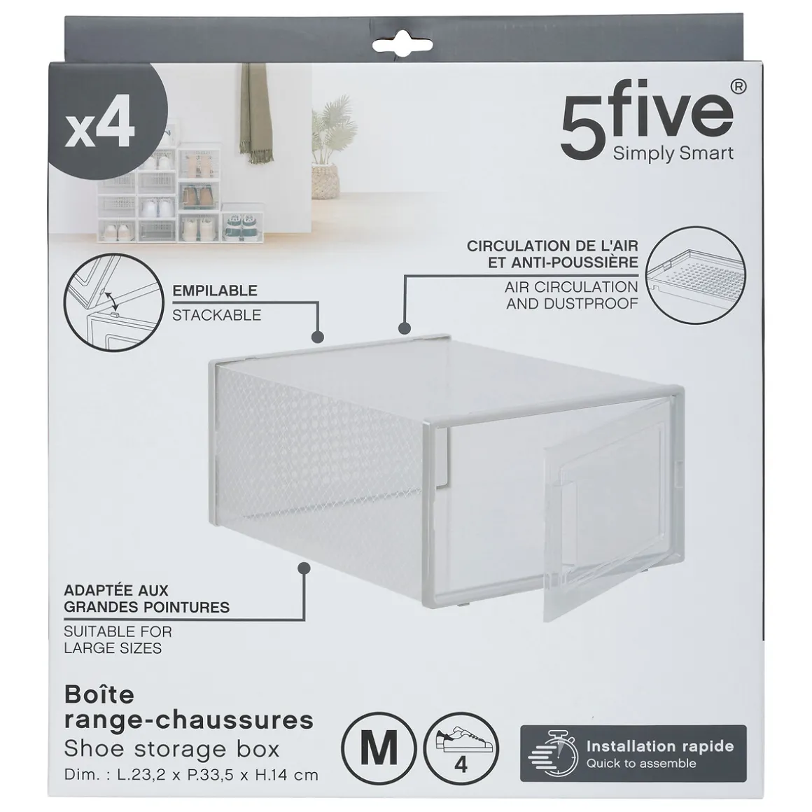 Lot de 4 boîtes range-chaussures plastique, M