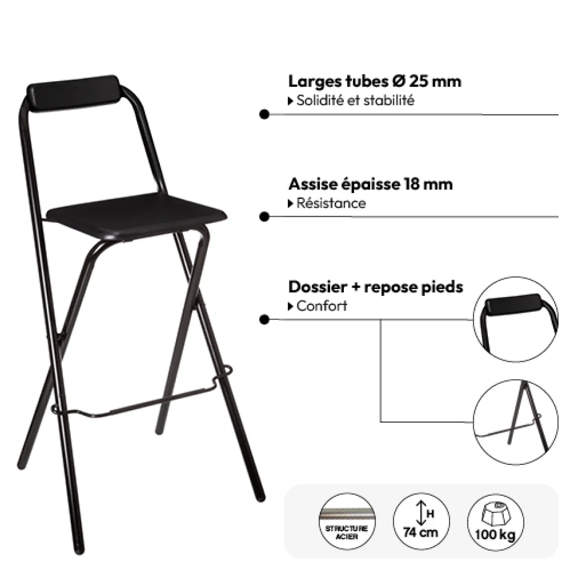 Lot de 2 chaises de bar pliantes, Noir